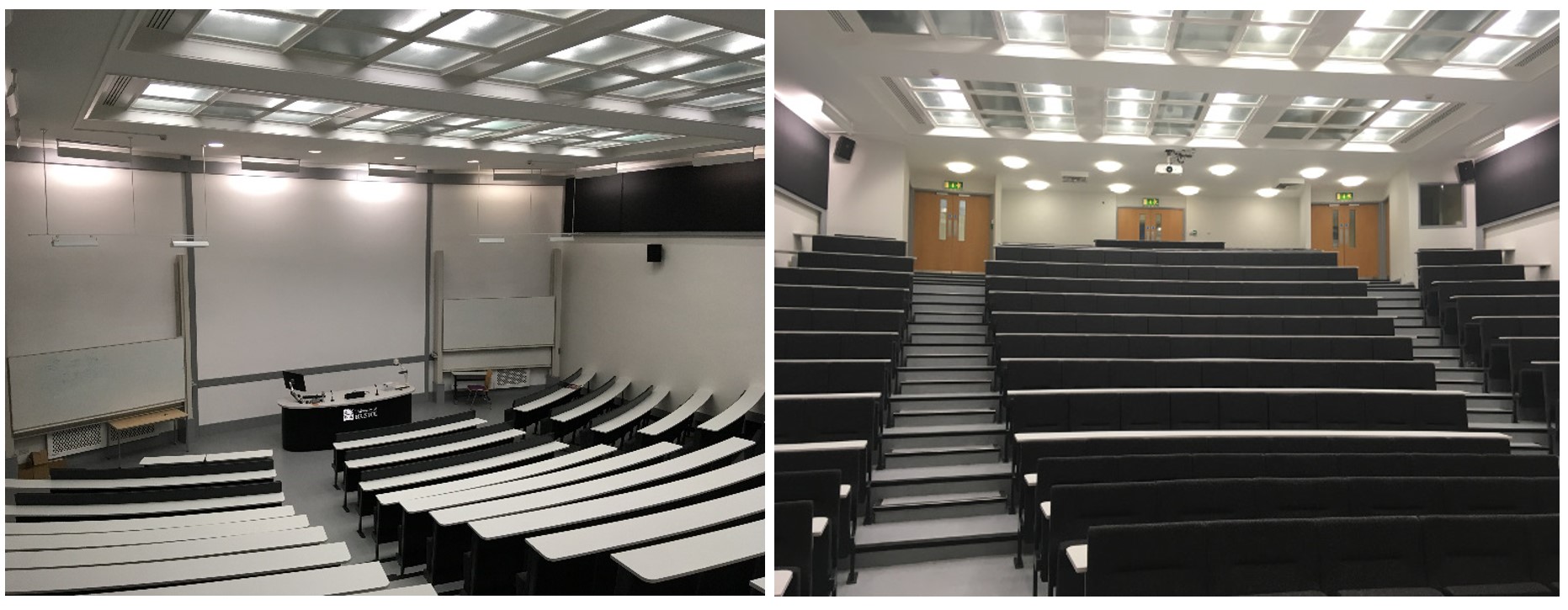 Fixed teired seats facing towards the teaching wall.